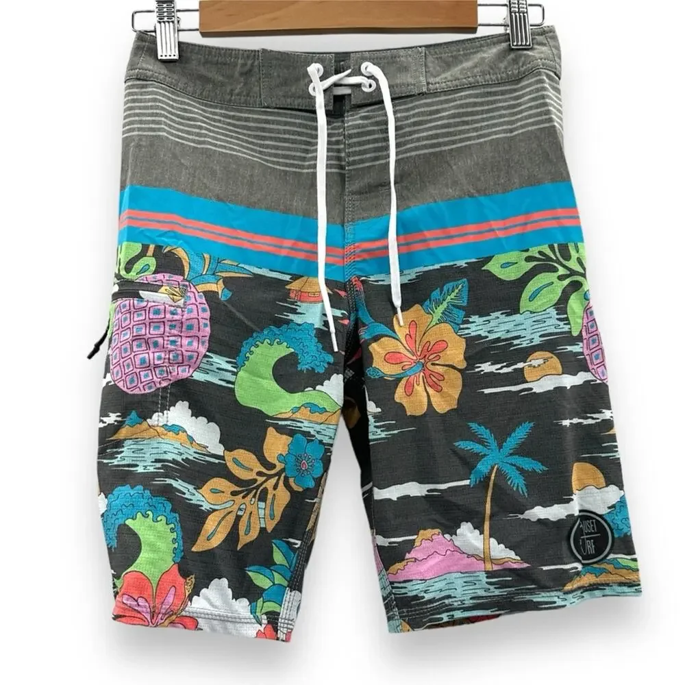 Nauset Surf Gray Multicolor Tropical‎ Floral Palm Tree Print Swim Trunks Sz 27